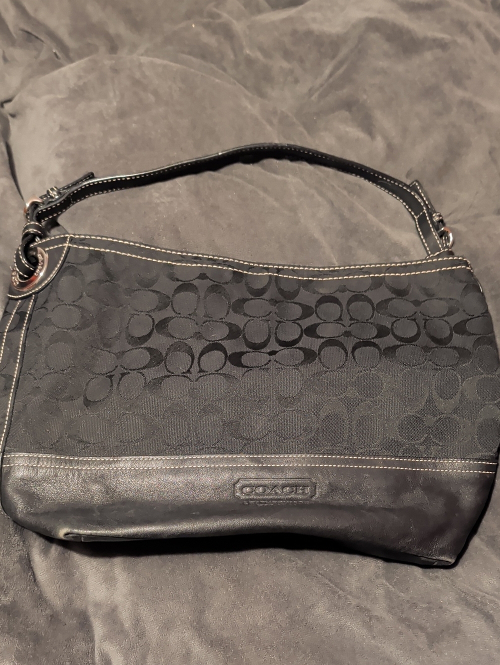 Coach Black Signature Canvas Shoulder Bag with Leather Trim